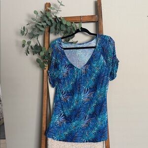Jennifer Lopez Blue and Green Leaf Print Blouse
